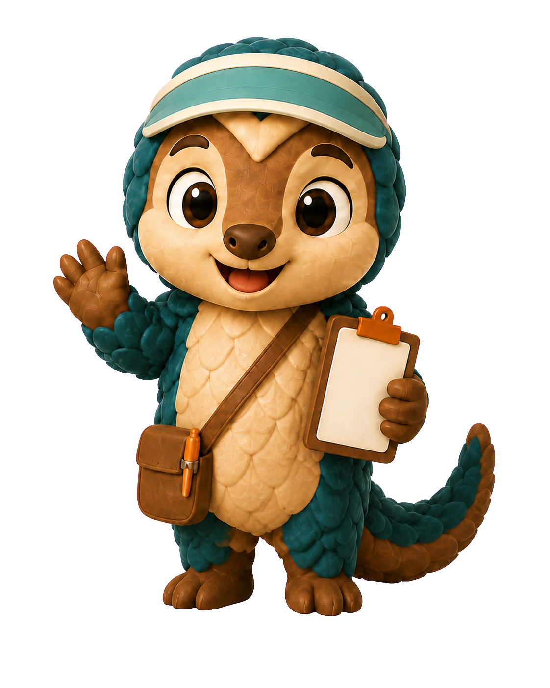 Juan, the pangolin store mascot, waving with a blank inventory clipboard